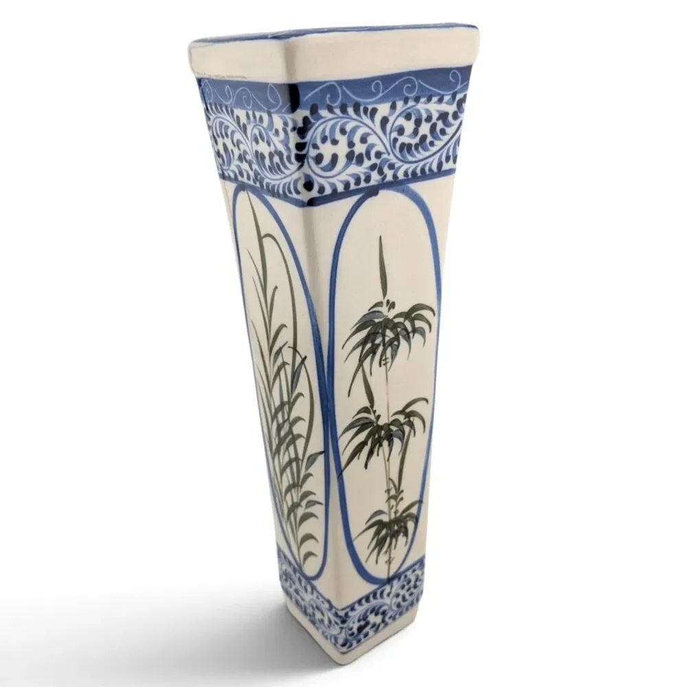 Tall Square Ceramic Vase Blue White Asian Style Bamboo Botanical 11 1/8